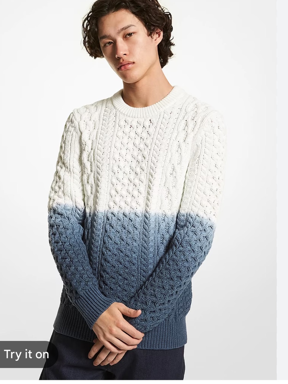Michael Kors Men's Ombre Cable Knit Crewneck in White and Blue